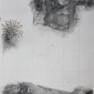 Rotta per le Esperidi (2019) - carboncino, china, matita, foglia d’oro e cera su carta - 105 x 76 cm