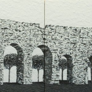Il Genius Loci dell'Acquedotto; 2018; cm.360x90; marmo di Carrara, pomice di Lipari, bianco di Spagna, sabbie vulcaniche e sali luminescenti su tavole; visione diurna