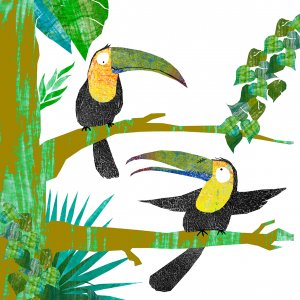 Illustrazione della storia “The Toucans Never Gave Up” realizzata con textures fatte a mano e collage digitale
