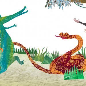 Illustrazione della storia “The Croc Who Rocked” realizzata con textures fatte a mano e collage digitale