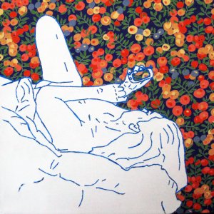 Donna al telefono, embroidery on canvas, fabric, paper, 20 x 20 cm, 2017.