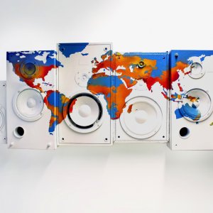 Sampled Space (Global City Soundscape I) 2014, Spraypaint on found speakers, 50 x 160 x 20 cm