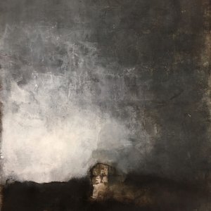 Paesaggio con darsena e nebbia n. 4 - cemento, stucco, bitume, asfalto, acrilico, pigmenti naturali su tela; cm 50 x 60; 2021