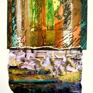 Fontana di Trevi 2001. Due lastre. 1: acquaforte, carborudum e collage fotografico 2: puntasecca, punta elettrica. 56x 76 cm. Stampa a colori simultanei.