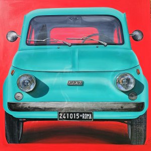 Fiat 500 Vintage - 120x120 cm - Tecnica mista su tela; acrilici resina e pezzi originali di auto d'epoca.