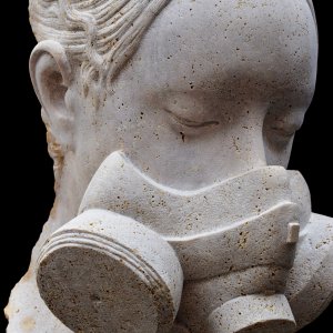 Anthropocene 2019, Roman Travertine Sculpture. H. 125 cm. Work exhibited at Rome Art Week.