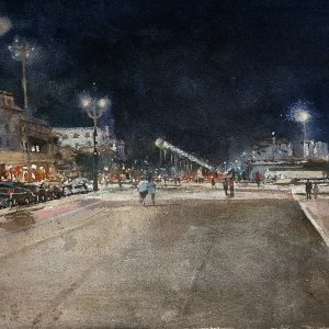 Ostia, nocturne. Watercolors, 31x41 cm