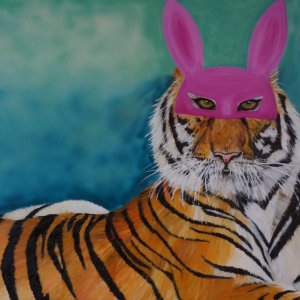 Title: Tiger with mask, mixed media 2023, 60 x 80 cm