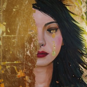 Titolo: Tears of Gold 2022, olio e finta d'oro su tela, 75 x 60 cm