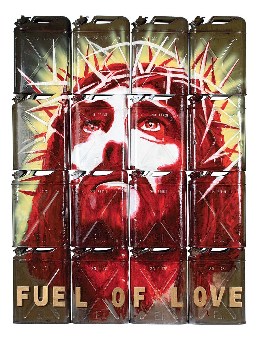 Fuel of Love Fabio Ferrone Viola - hand painted in acrylic on original military tanks from the '70's measures 185 cm height x 140 cm width 20 cm depth 