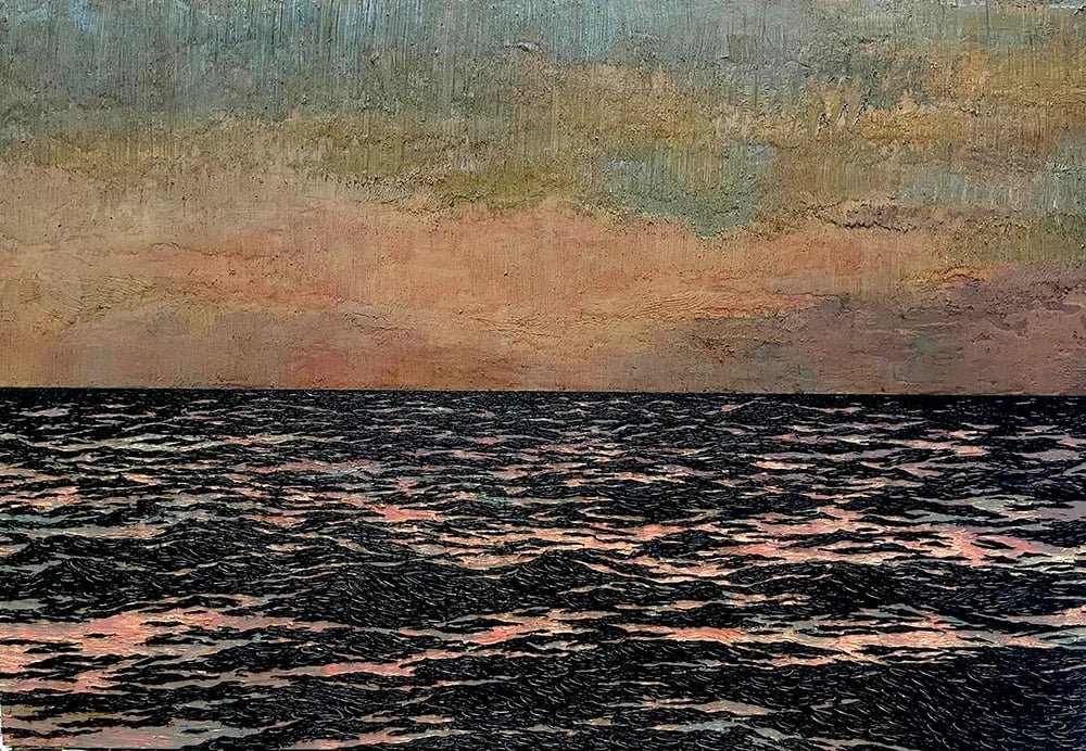 Yoan Capote - Isla (lasitud) 2022. Olio, chiodi e ami da pesca su lino montato su pannello di legno, 165 x 240 cm.