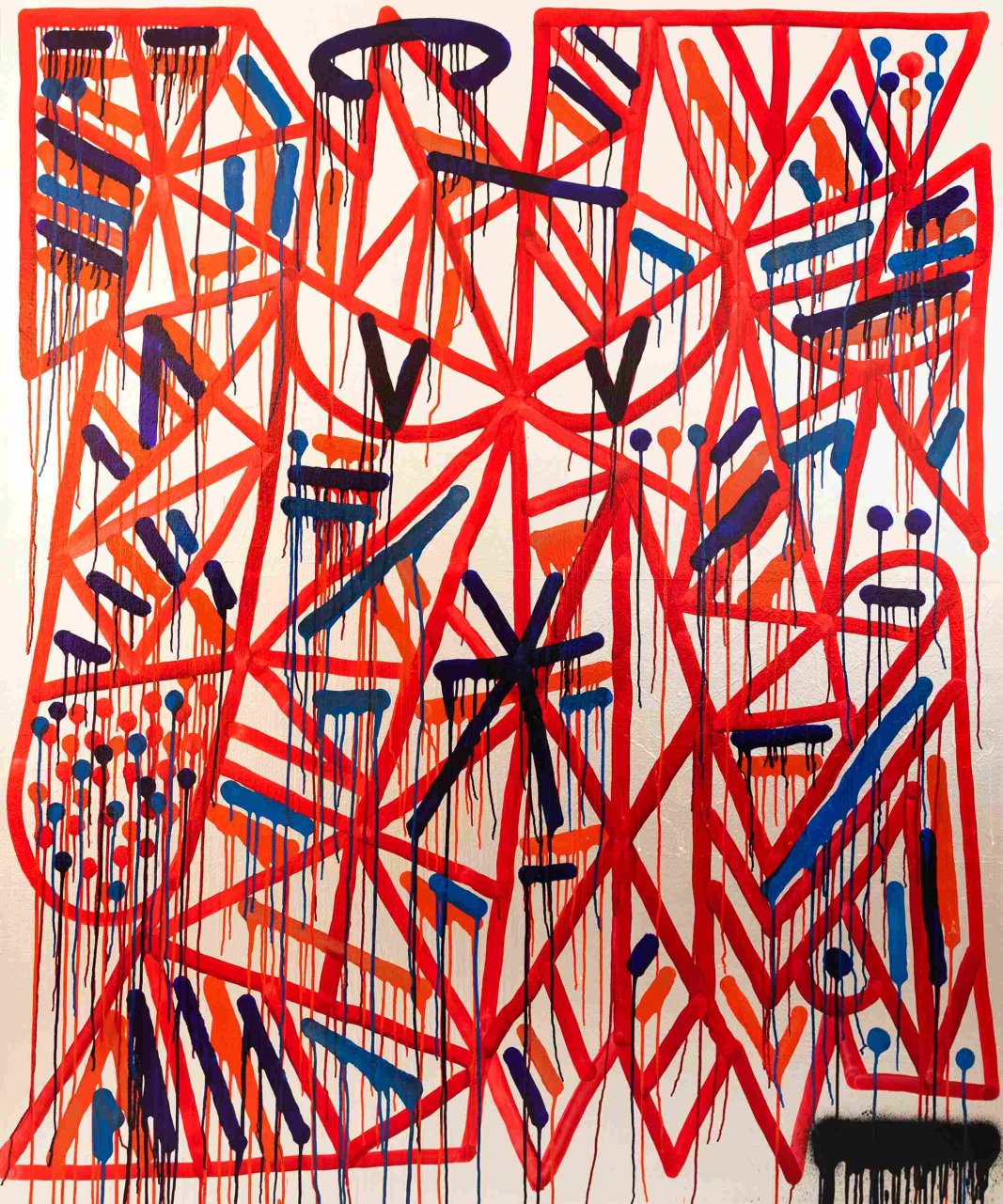 Solomostry_Crossed Red_(2022)_Spray, inchiostro e vernice metallica su tela di iuta, 150,5x180 cm_Credits Vittorio Lico