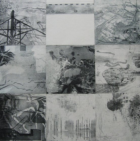 Movable Blocks, etching, aquatint, softground ethcing, stitching, press with 10 matrices, 67.5x67.5 cm, 2023 (part.)