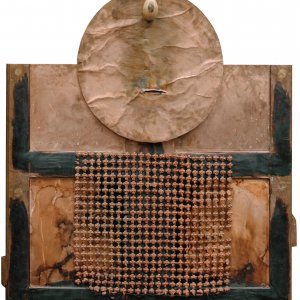 Bruno Ceccobelli 'Pesca abissi', 1991, tecnica mista e metallo su legno, cm. 91x88