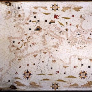 CARTA da navigare, inchiostro su pergamena, sec. XVI attribuita al catalano James Olives